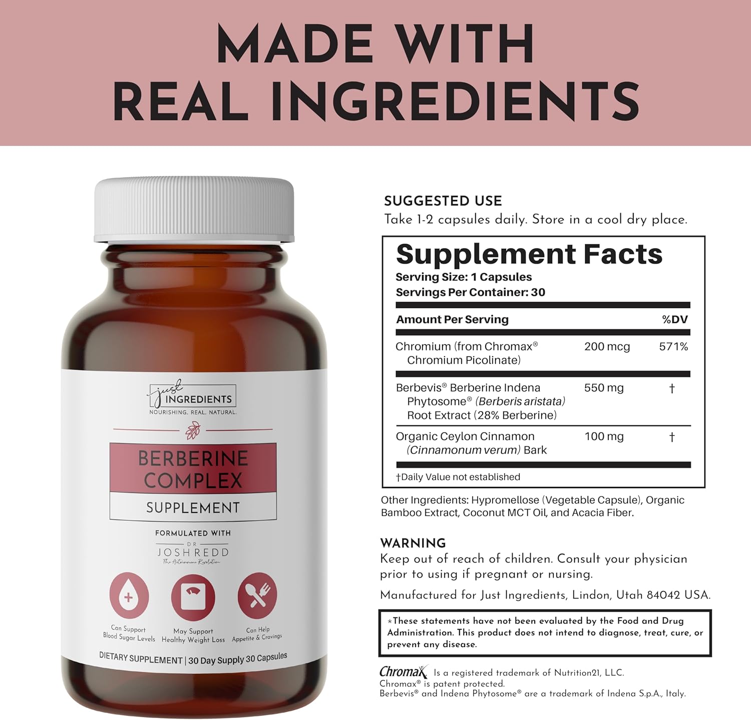 JUST INGREDIENTS Berberine Supplement – 30-Capsule Herbal Support Formula with Organic Berberis Aristata – Traditionally Used for Metabolic Health, Cellular Function & Overall Wellness.