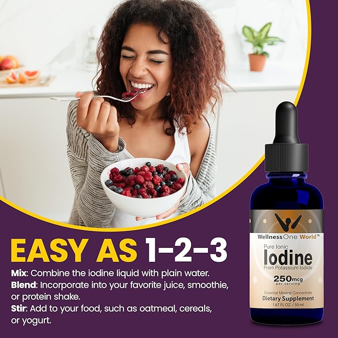WellnessOne Iodine Drops for Thyroid Support - Fast Acting Liquid Iodine Supplement from Potassium Iodide - Great for Immunity & Cognition & Maximizes Iron Absorption - 1.67 fl oz