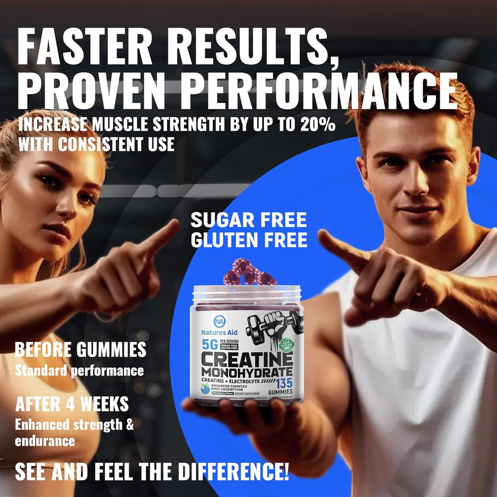 Creatine Monohydrate Gummies (5g) – Pre-Workout Energy & Muscle Growth Support for Men & Women | Blueberry Electrolyte Gummies (135 Count)