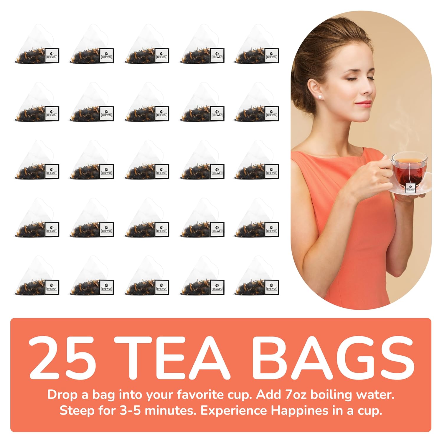 BREWIX, Peach Black Tea (25 Pyramid Bags) | Premium Black Tea with Peach | Floral & Refreshing | Iced or Hot | Caffeinated And Sugar-Free