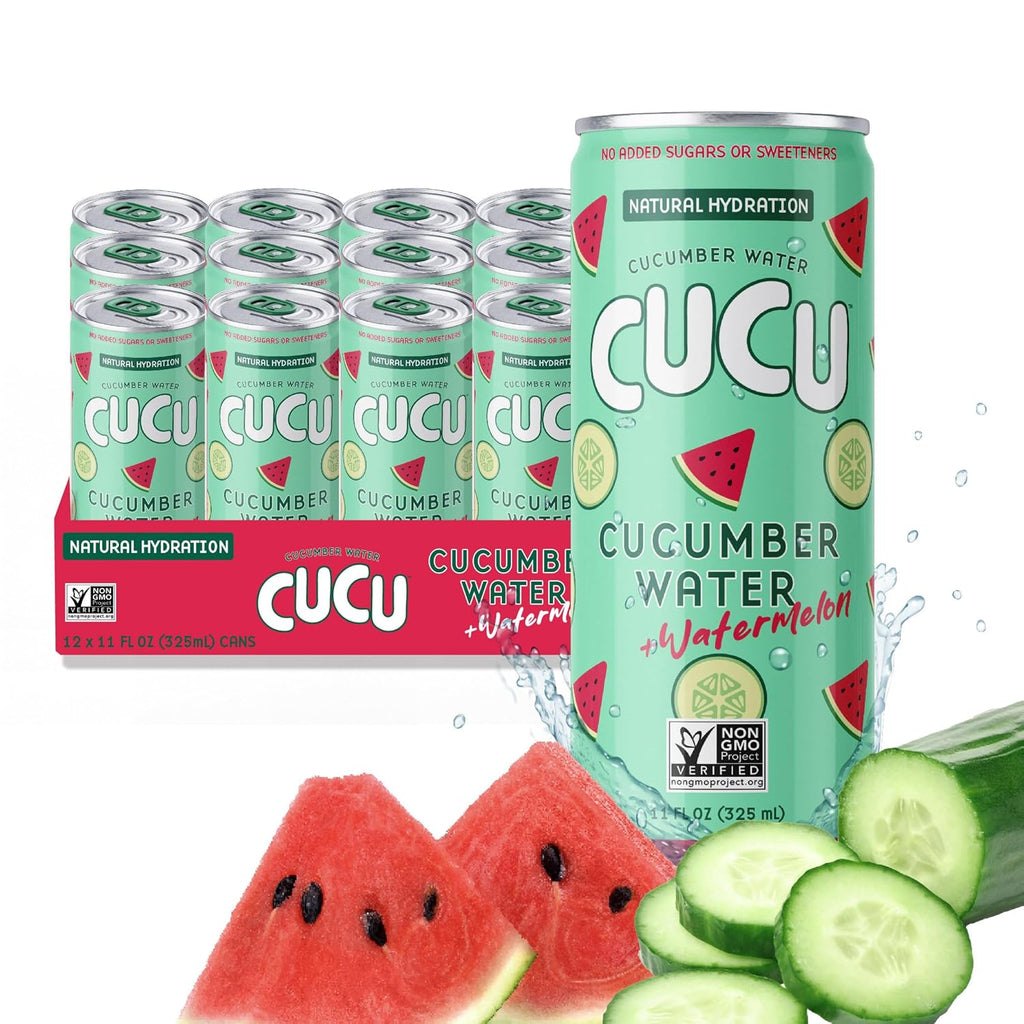 CUCU Cucumber Water + Watermelon Water – Natural Hydration from Cucumbers with Vitamin C, Electrolytes & Antioxidants – No Sugar Added, Non-GMO – 12 Pack, 11 fl oz Cans