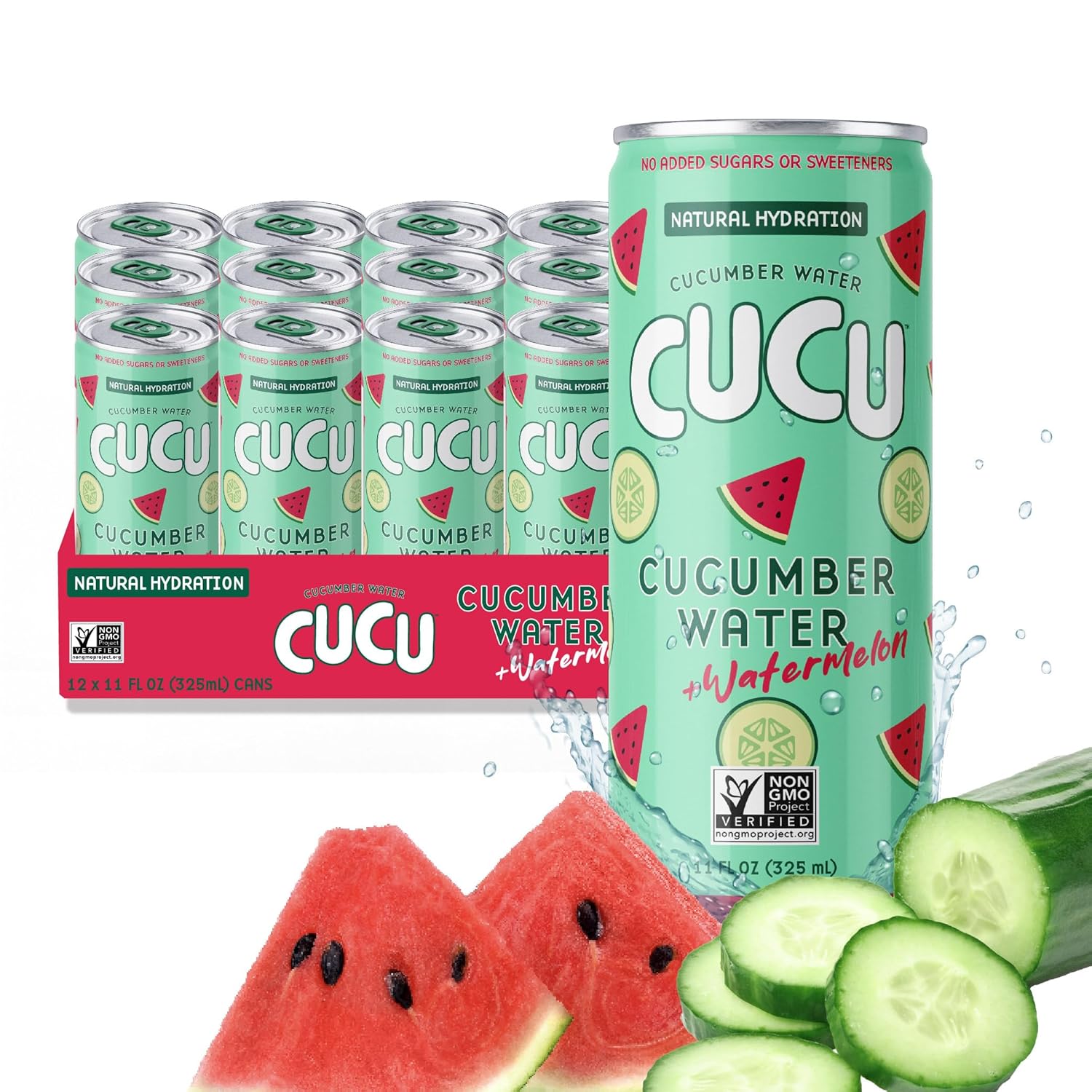 CUCU Cucumber Water + Watermelon Water – Natural Hydration from Cucumbers with Vitamin C, Electrolytes & Antioxidants – No Sugar Added, Non-GMO – 12 Pack, 11 fl oz Cans