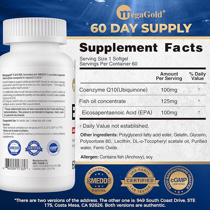 E-Q10 Sol Advanced Absorption Fish Oil - Fish Oil with Coq10, 100mg EPA, Antioxidant for Cardiovascular Health & Energy*, Coenzyme Q 10 Supplement for Men and Women - 60 Count Softgels