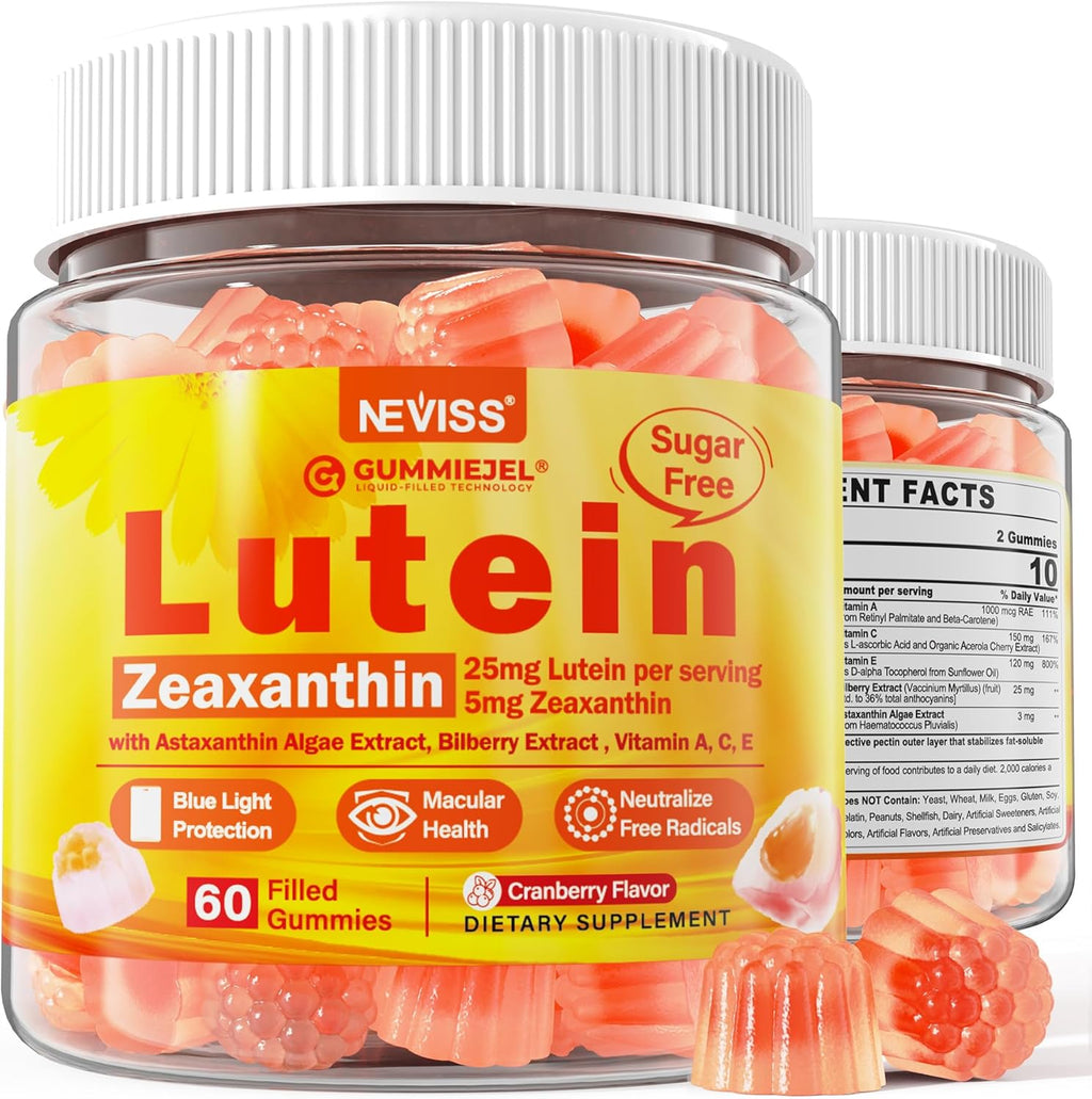 Sugar-Free Lutein Zeaxanthin Supplements Gummies (25mg) Vitamins A, C, E, Bilberry, Astaxanthin - Coconut Oil for Better Absorption - Adults & Teens Vision Health, Eye Strain, Dry Eyes - Vegan, 60Cts