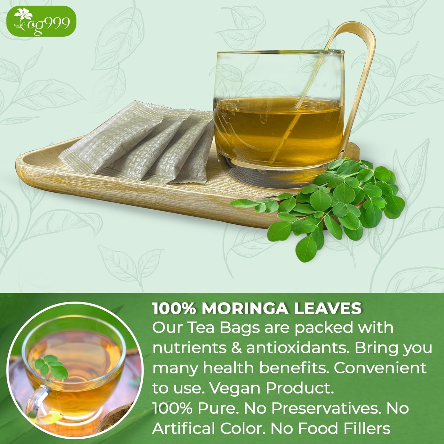 TOG999, Premium 200 Moringa Leaf Tea Bags, 100% Natural & Pure from Moringa Leaves. Loose Leaf Moringa Herbal Tea. Moringa Leaf Tea. No Sugar, No Caffeine, No Gluten, Vegan.