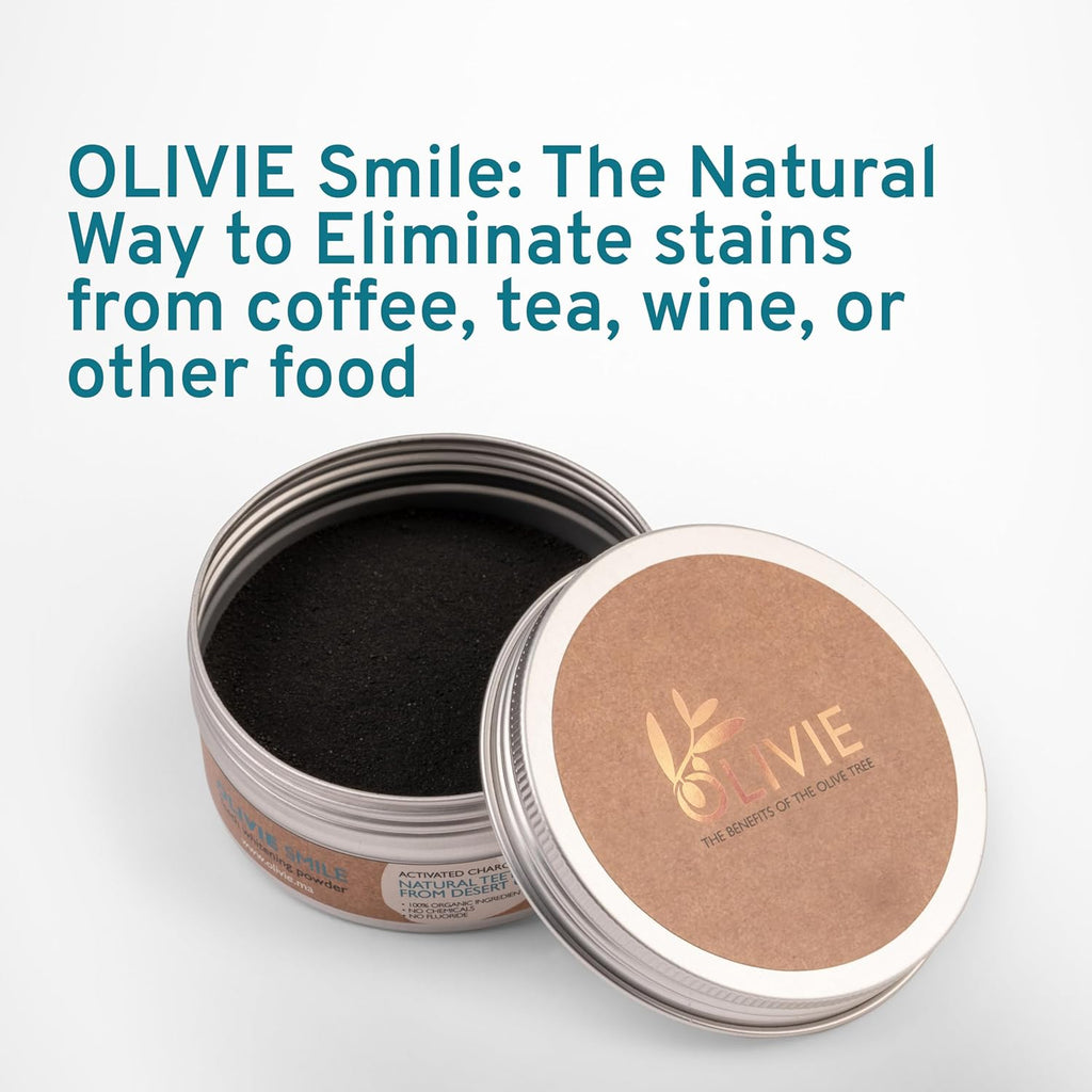 Organic Activated Charcoal Powder for Teeth Whitening by Olivie Smile, Natural Toothpaste Alternative, Desert Olive Tree Charcoal, Fluoride and Chemical Free 1.8 oz