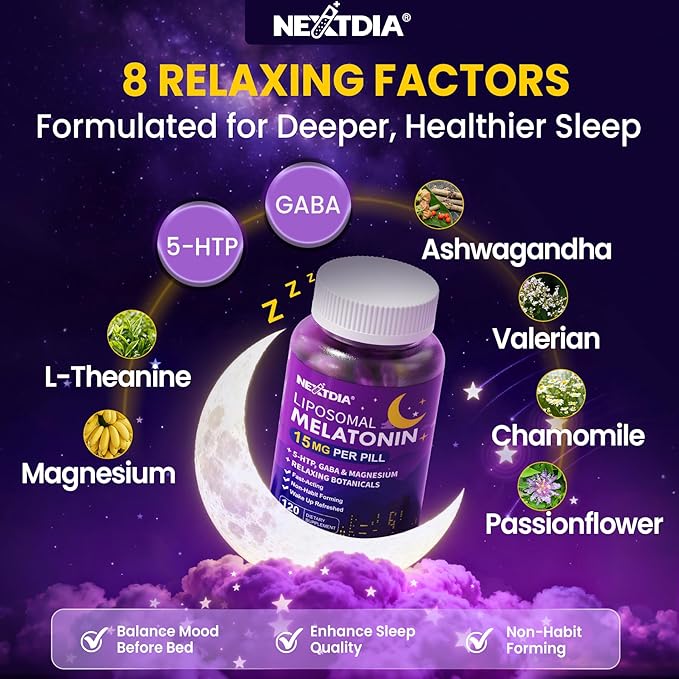 Liposomal Time Release Melatonin + Magnesium Sleep Supplement, Natural Calm Sleep Aids for Adults, 15mg 30mg Melatonin Extended Release Pills w/ GABA, 5-HTP, Ashwagandha & L-Theanine, 120 Softgels