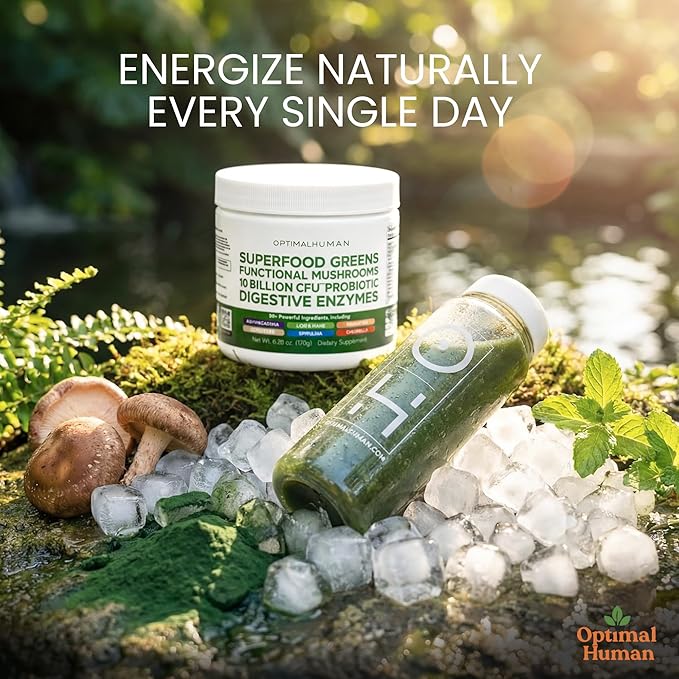 Optimal Human Superfood Greens Powder – 90+ Ingredient Blend with Lion’s Mane Supplement, Ashwagandha & Turmeric – Non-GMO, Soy-Free, Mushroom Supplements for Women - 6.28 oz