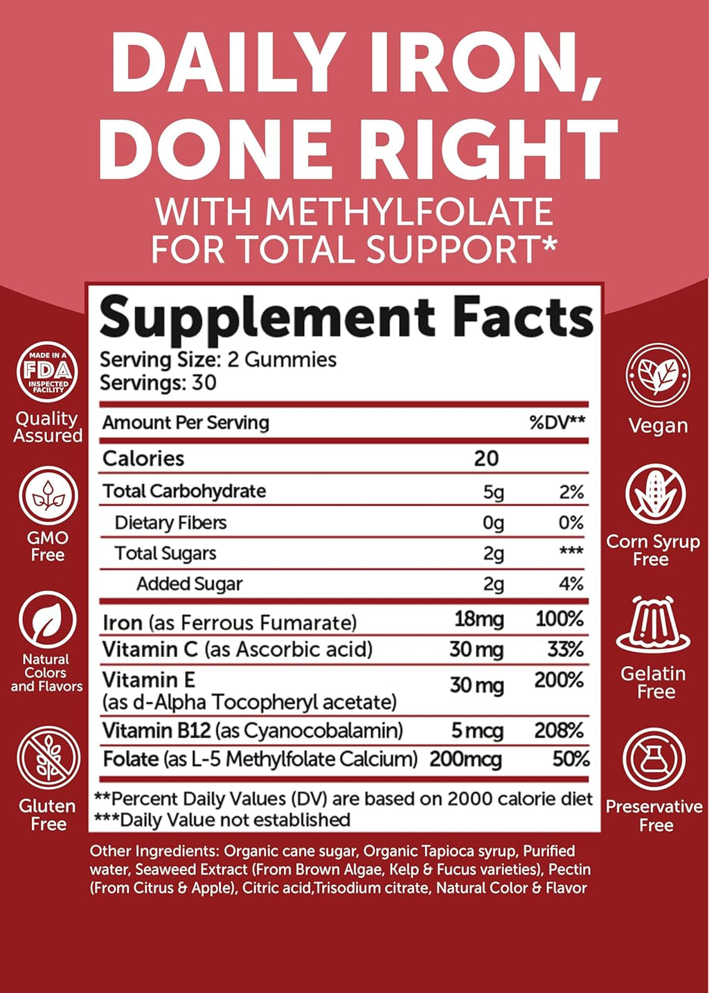 Lunakai USA Made 100% Daily Value Iron Gummies with Vitamin C, B12 & Methylfolate – Vegan Iron Supplement for Women, Men & Kids – Non-GMO Iron Gummy for Energy & Strength, 60ct