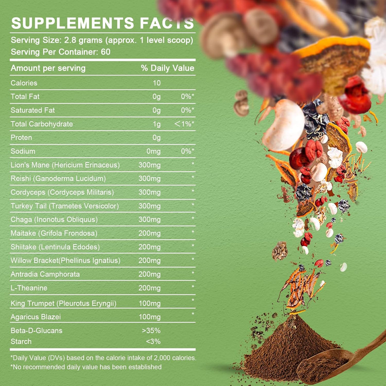 Mushroom Powder Mushroom Supplement - 10-in-1 Mushrooms Lions Mane Powder with Reishi/Cordyceps/Chaga/Turkey Tail/Maitake/Complex for Cognitive Function & Immune Support 78 Servings 2PCAKS