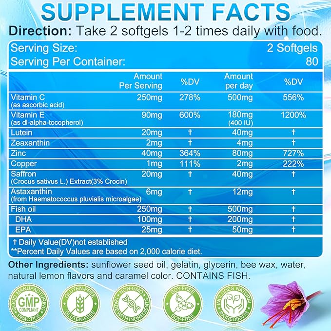 AREDS 2 Plus Lutein and Zeaxanthin Softgels-Eye Vitamins with Astaxanthin 12mg,Vitamins C, E, Saffron & DHA - Eyebright,Blue Light Protection,Eye Health Support-320 Softgels