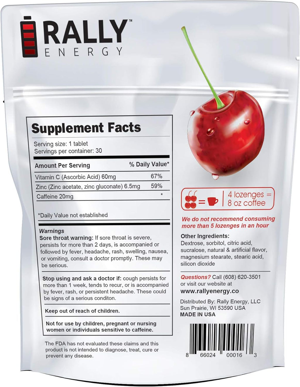 Cherry Flavor Cough Drops by Rally Energy, Cough Relief with Caffeinated Zinc Reinforced Lozenges, Boost Your Energy, Focus, and Productivity - Zero Calorie, Throat Lozenges (30 Units)