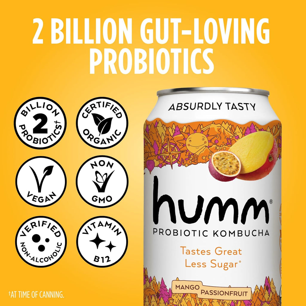 Humm Kombucha Sampler Pack, Includes Original Mango Passionfruit Kombucha, Zero Sugar Blood Orange, Whole30 Approved Strawberry Blossom (Pack of 12)