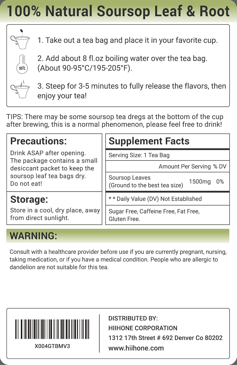 Soursop Leaf Herbal Tea (Graviola) - Caffeine & Sugar Free, 120 Count