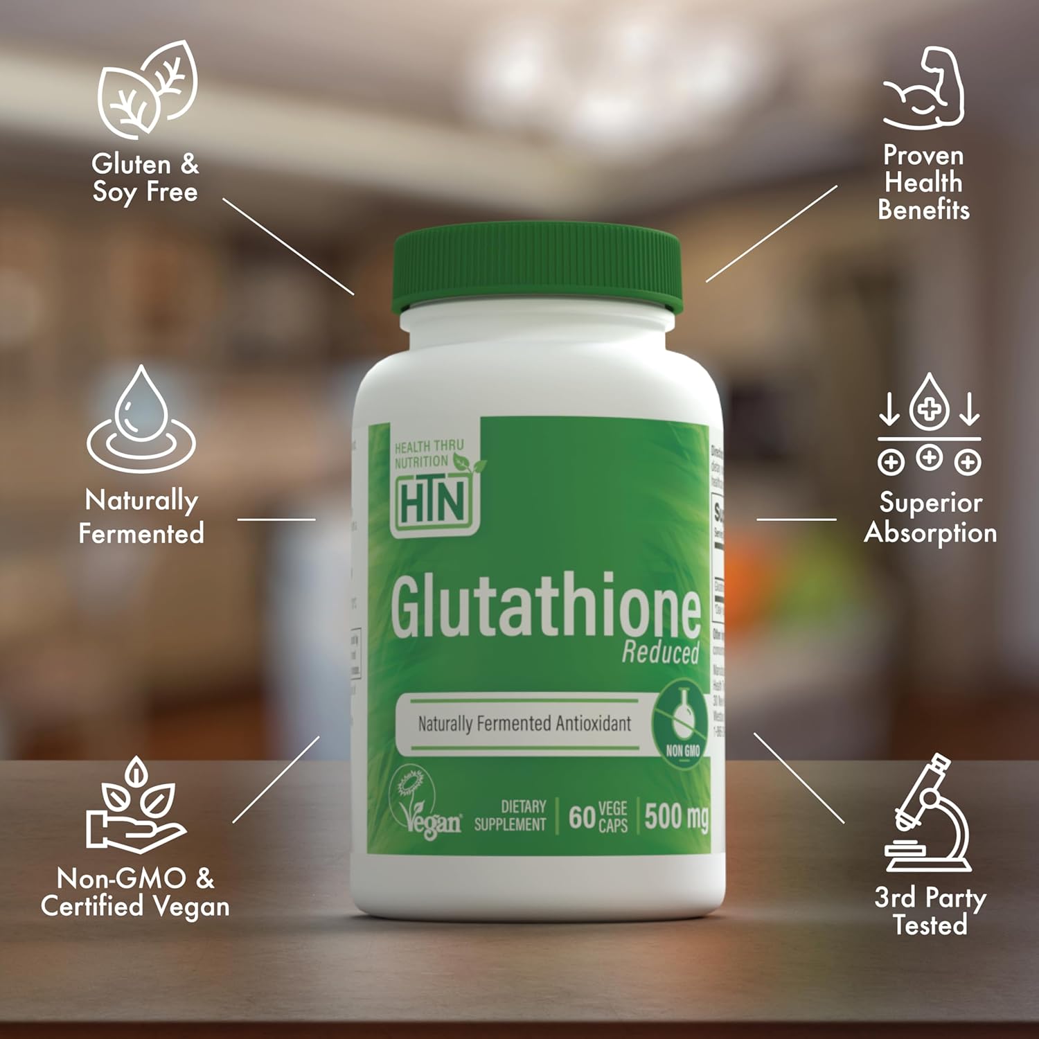 Health Thru Nutrition Glutathione Reduced 500mg Vegecaps | Vegan Certified | Fermented | Non GMO and Hypoallergenic | Master Antioxidant | Healthy Skin and Cellular Aging Support (Pack of 60)