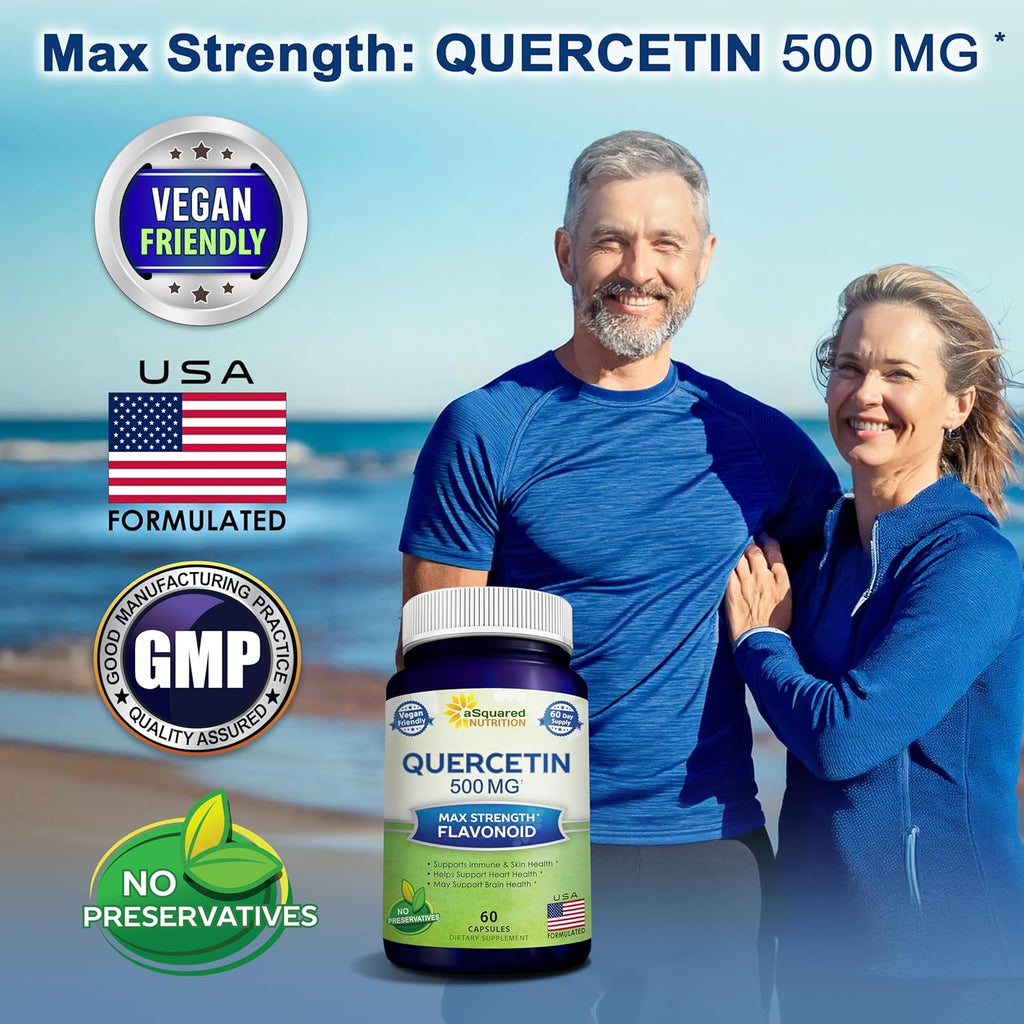 aSquared Nutrition Quercetin 500mg Supplement - 60 Capsules - Quercitin Dihydrate Powder Complex Pills to Support Immune Response & Cardiovascular Health - Pure & Max Strength