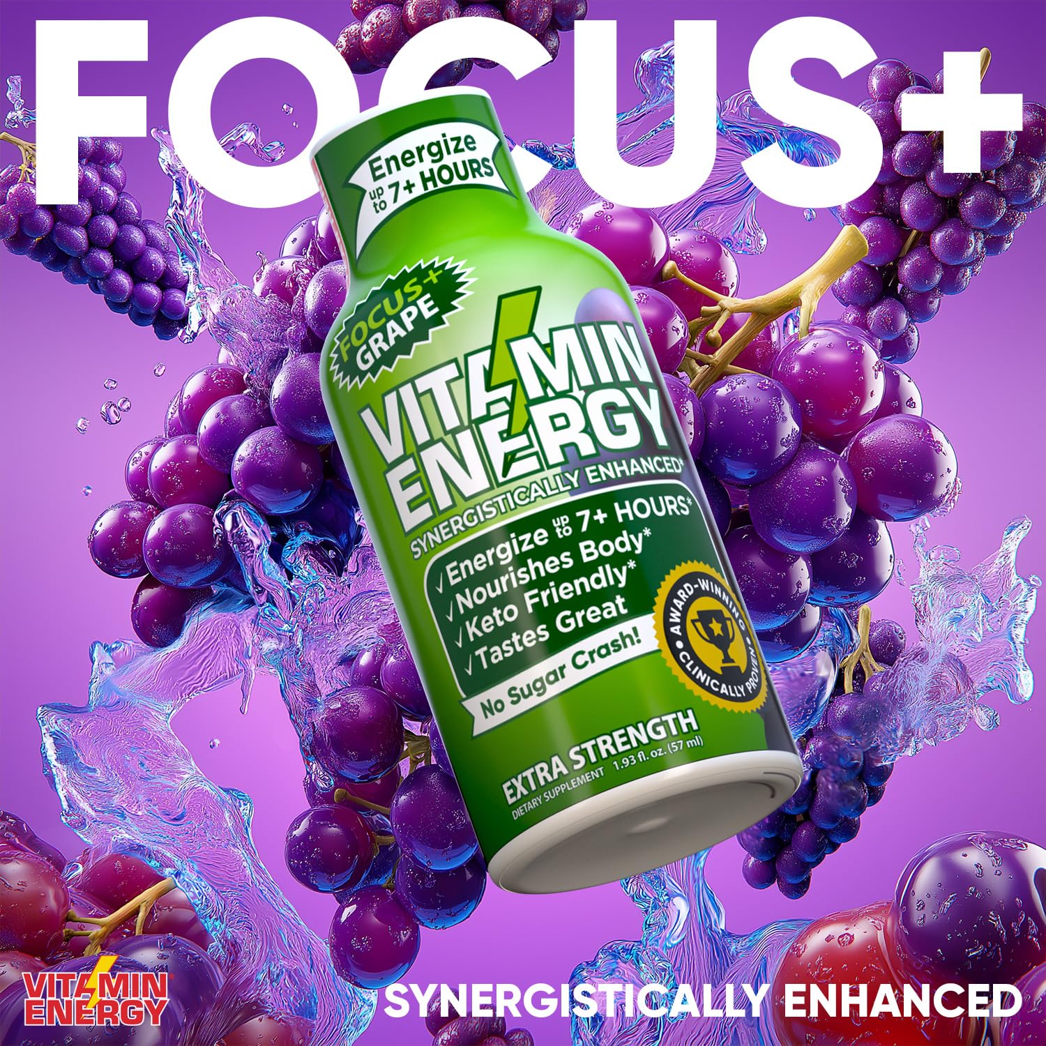 Vitamin Energy Focus+ Extra Strength Energy Shot Grape 48 Pack, 260mg Natural Caffeine, B-Vitamins, CoQ10, Amino Acids, Focus, Productivity & Clarity, Zero Sugar, Gluten-Free, 1.93 fl oz
