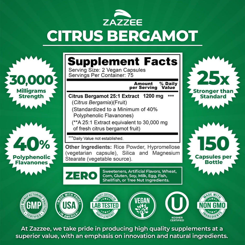 Zazzee Citrus Bergamot 25:1 Extract 1200 mg, 40% Polyphenolic Flavanones, 150 Vegan Capsules, Kosher, Concentrated and Standardized 25X Potency, Non-GMO and All-Natural, Made in The USA