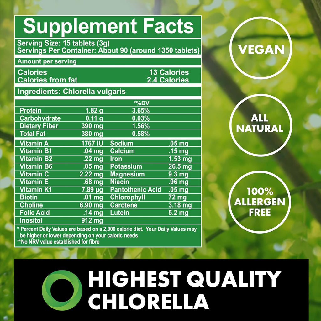 Fermented Chlorella Tablets, Chlorophyll, Green Superfood, Algae Supplement, Heavy Metal Detox, Immune Support, Broken Cell Wall, 1350 Tablets, Non-GMO, Vegan
