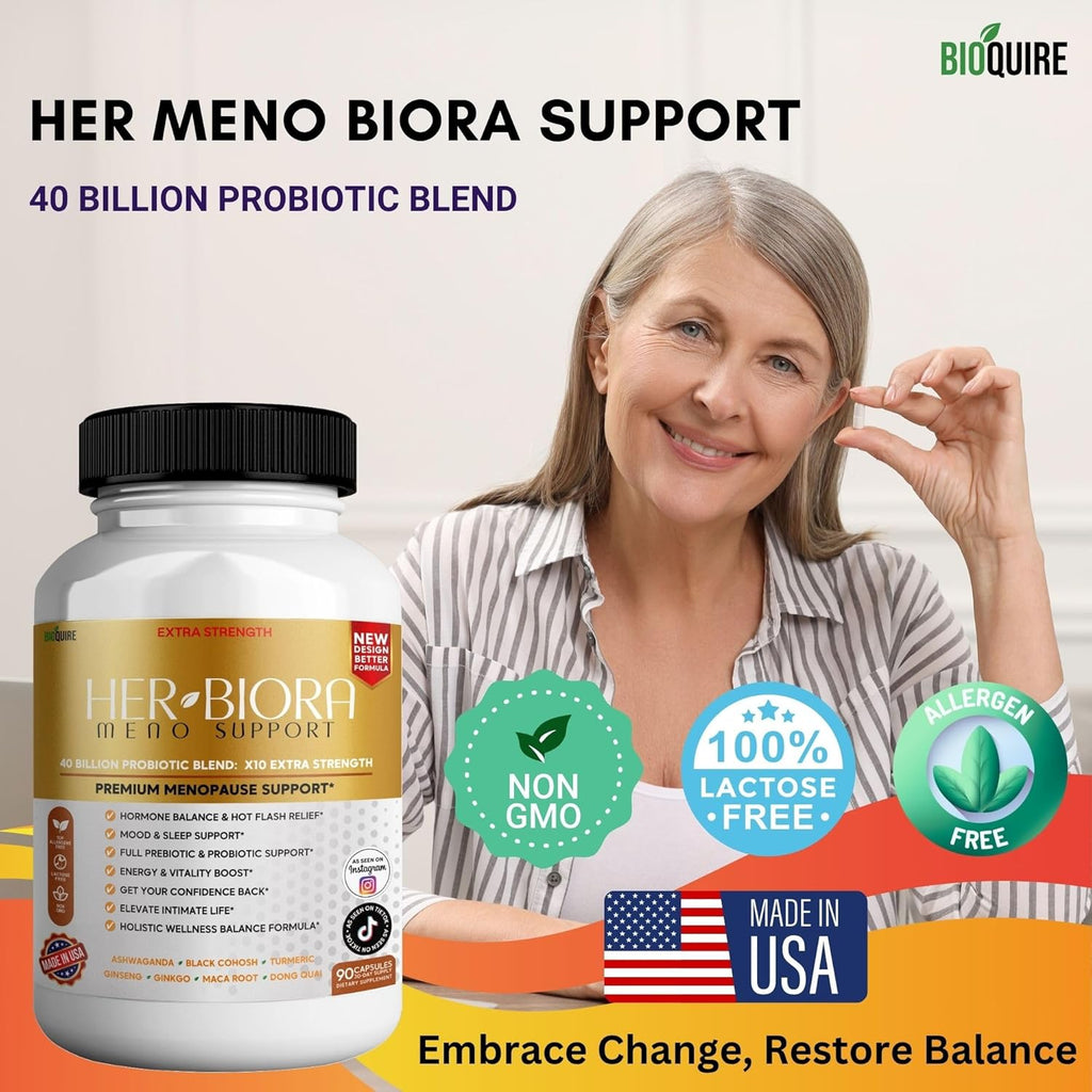 Her Biora Meno Support | Premium Menopause Probiotic Supplement | Hormone Balance, Hot Flash Relief, Mood & Sleep Support | Turmeric, Ashwagandha, Black Cohosh | 90 Capsules (2)