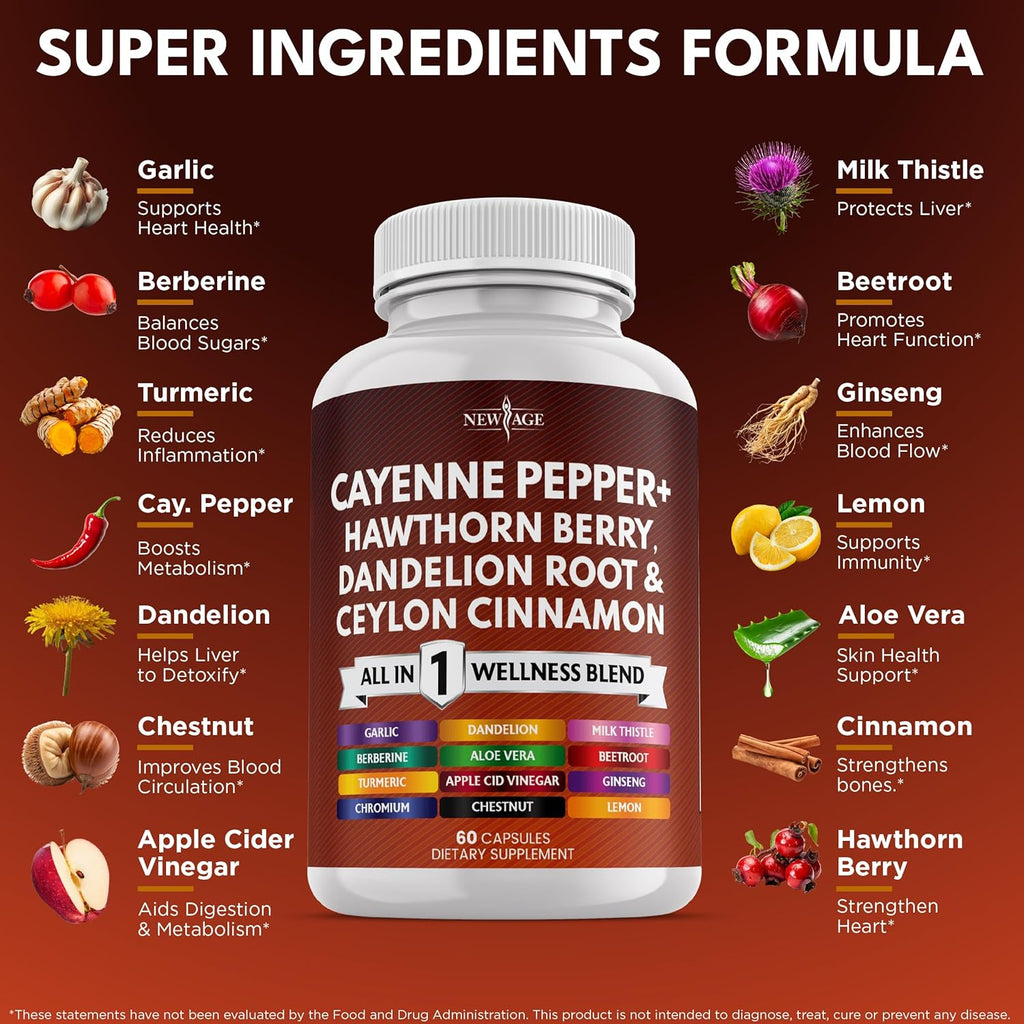 NEW AGE Cayenne Pepper Capsules Supplement with Hawthorn Berry, Dandelion Root, Ceylon Cinnamon, Garlic, Ginger, ACV, Milk Thistle, Beet Root, Aloe Vera - 60 Count