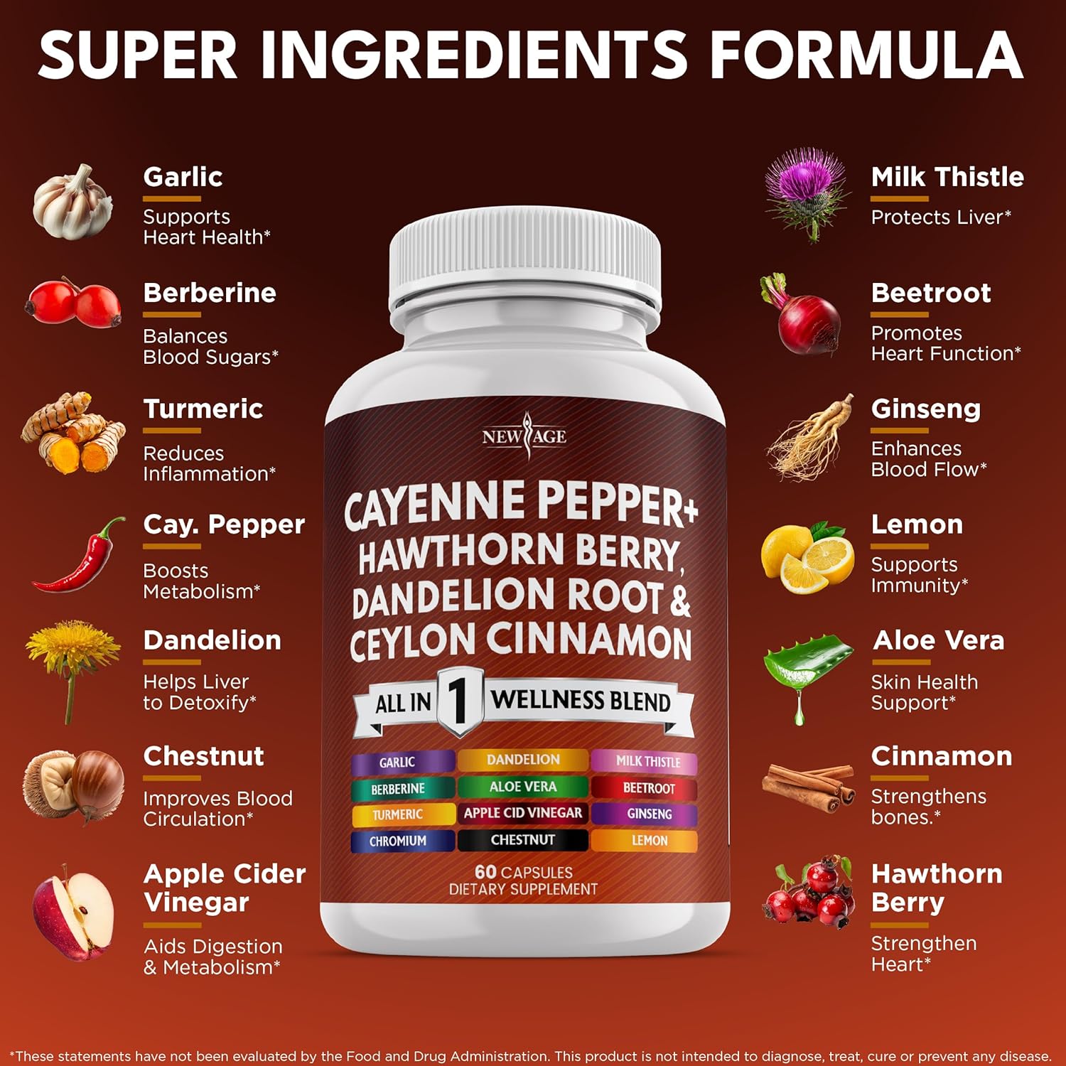 NEW AGE Cayenne Pepper Capsules Supplement with Hawthorn Berry, Dandelion Root, Ceylon Cinnamon, Garlic, Ginger, ACV, Milk Thistle, Beet Root, Aloe Vera - 60 Count