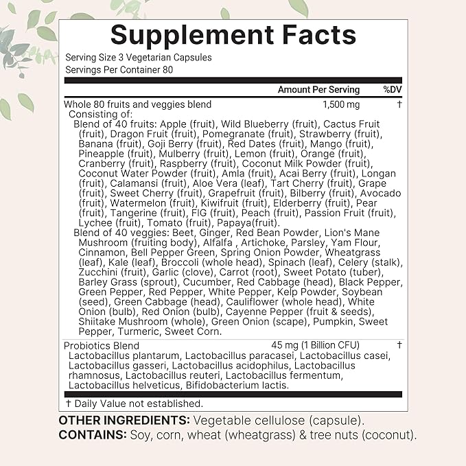 Micro Ingredients Fruit and Veggies Supplement with Probiotics, 240 Vegetarian Capsules | 80+ Super Greens & Fruits Complex | Immune, Gut & Digestive Health Support