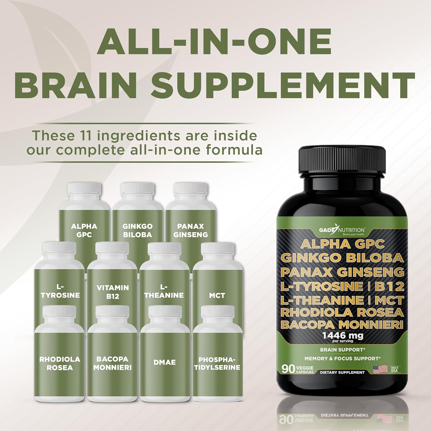 Gade Nutrition Alpha GPC + Ginkgo Biloba + Panax Ginseng + L- Tyrosine, L-Theanine, Bocopa Monnieri, Rhodiola Rosea, B12, MCT