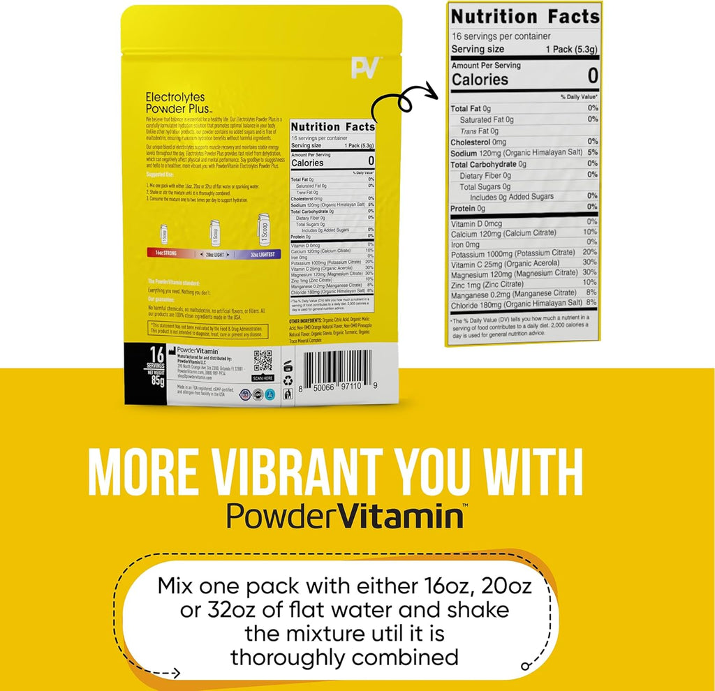 PowderVitamin Electrolytes Powder Plus, Keto, Orange Pineapple, Sugar Free, Pink Himalayan Salt, 1000mg Potassium, 120mg Calcium, 120mg Magnesium, Non-GMO, Zero Calories, (16 Hydration Packets)