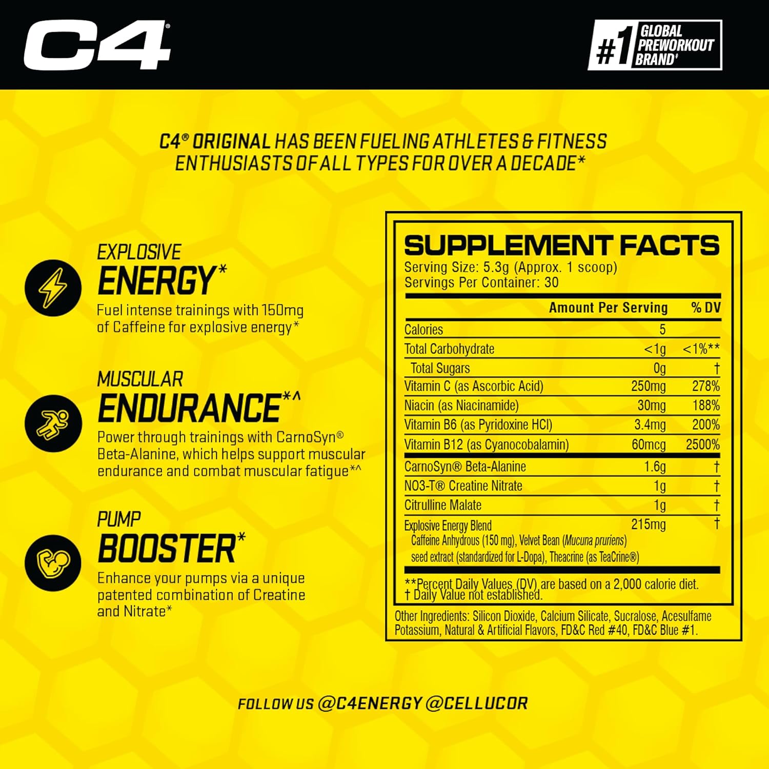 Cellucor C4 Original Pre Workout Powder Grape Sugar Free Preworkout Energy for Men & Women 150mg Caffeine + Beta Alanine + Creatine - 30 Servings (Packaging May Vary)