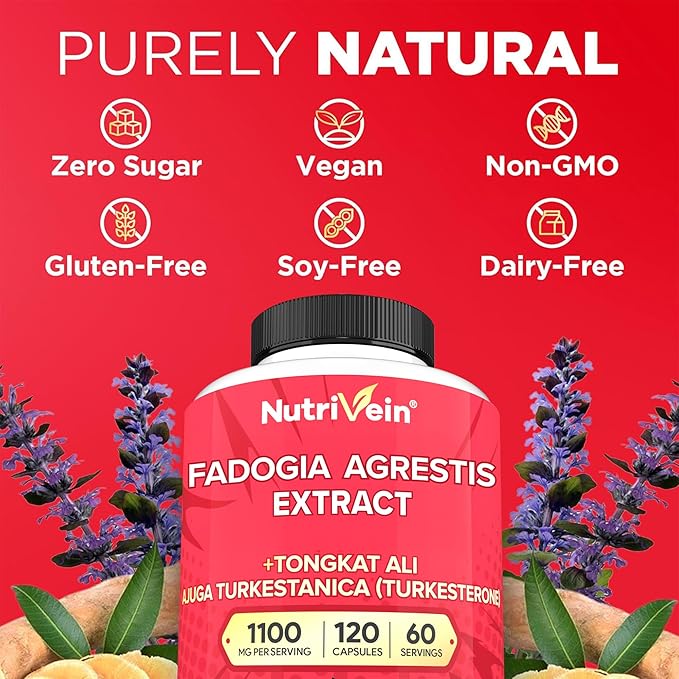 Nutrivein Premium Fadogia Agrestis and Tongkat Ali Supplement with Turkesterone - 1100 mg - 120 Caps - Synergistic Blend for Performance, Strength, & Recovery for Men & Women of All Ages