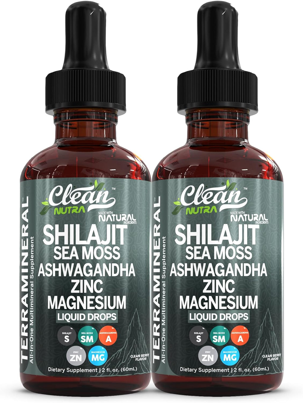 Shilajit Liquid Drops with Sea Moss, Ashwagandha, Zinc, Magnesium, Liquid Vitamins for Women and Men - Terra Mineral by Clean Nutra - 2Pack