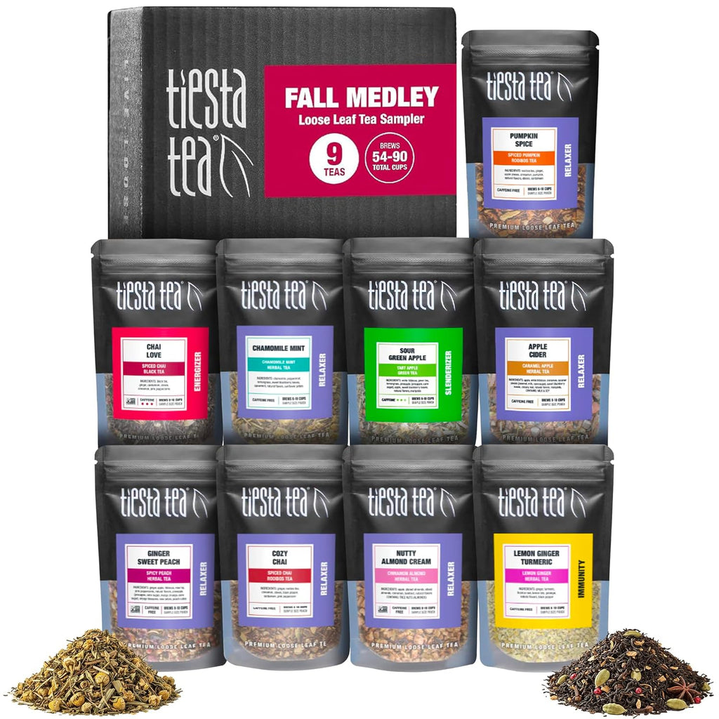 Tiesta Tea Fall Medley Dry Flight Set – Assorted Herbal, Black, Chai, and Fruit Tea Blends for Hot or Iced Brewing, Caffeine Free Loose Leaf Sampler Set with 9 Resealable Pouches