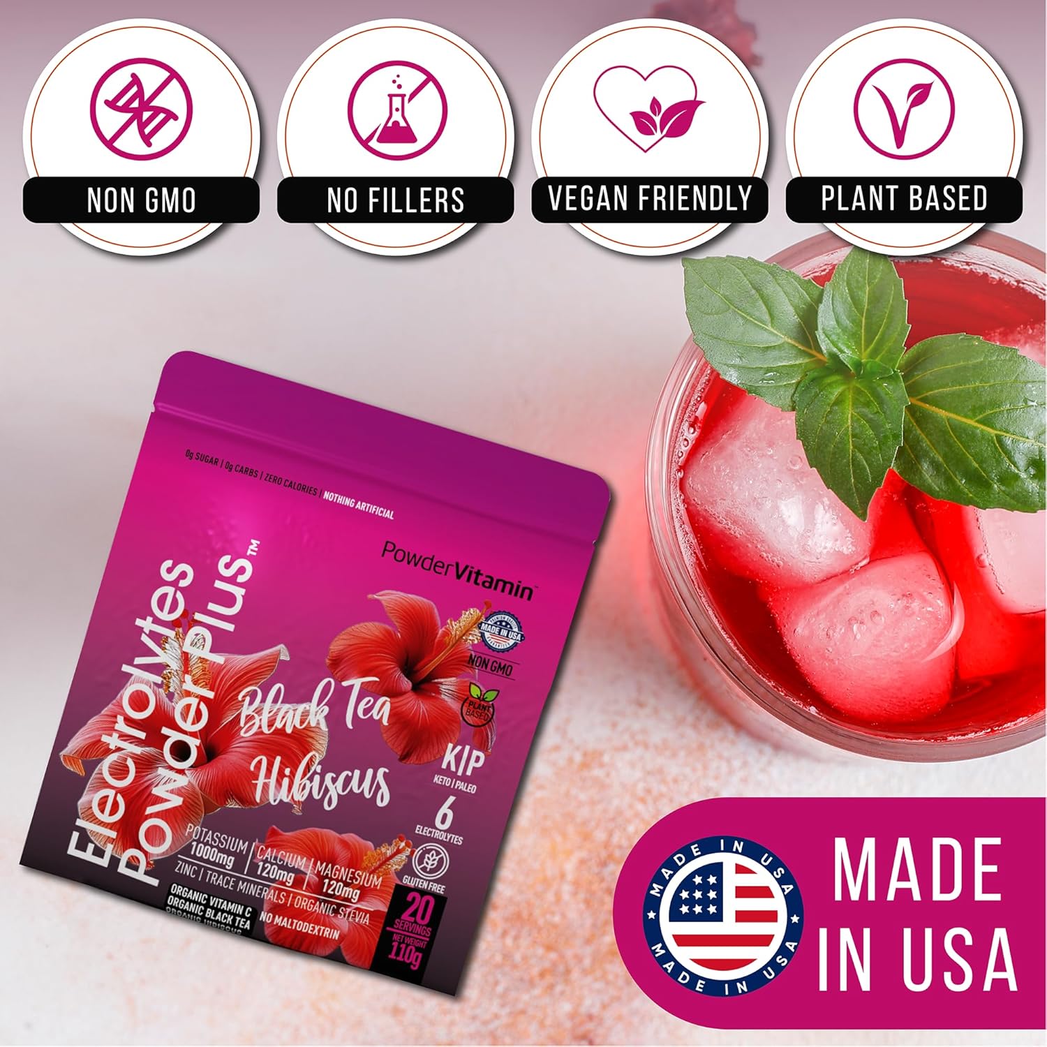 PowderVitamin Electrolytes Powder Plus (20 Servings) Black Tea Hibiscus Electrolyte Powder Keto, Sugar Free, Pink Himalayan Salt,1000mg Potassium,120mg Calcium,120mg Magnesium, Hydration Powder