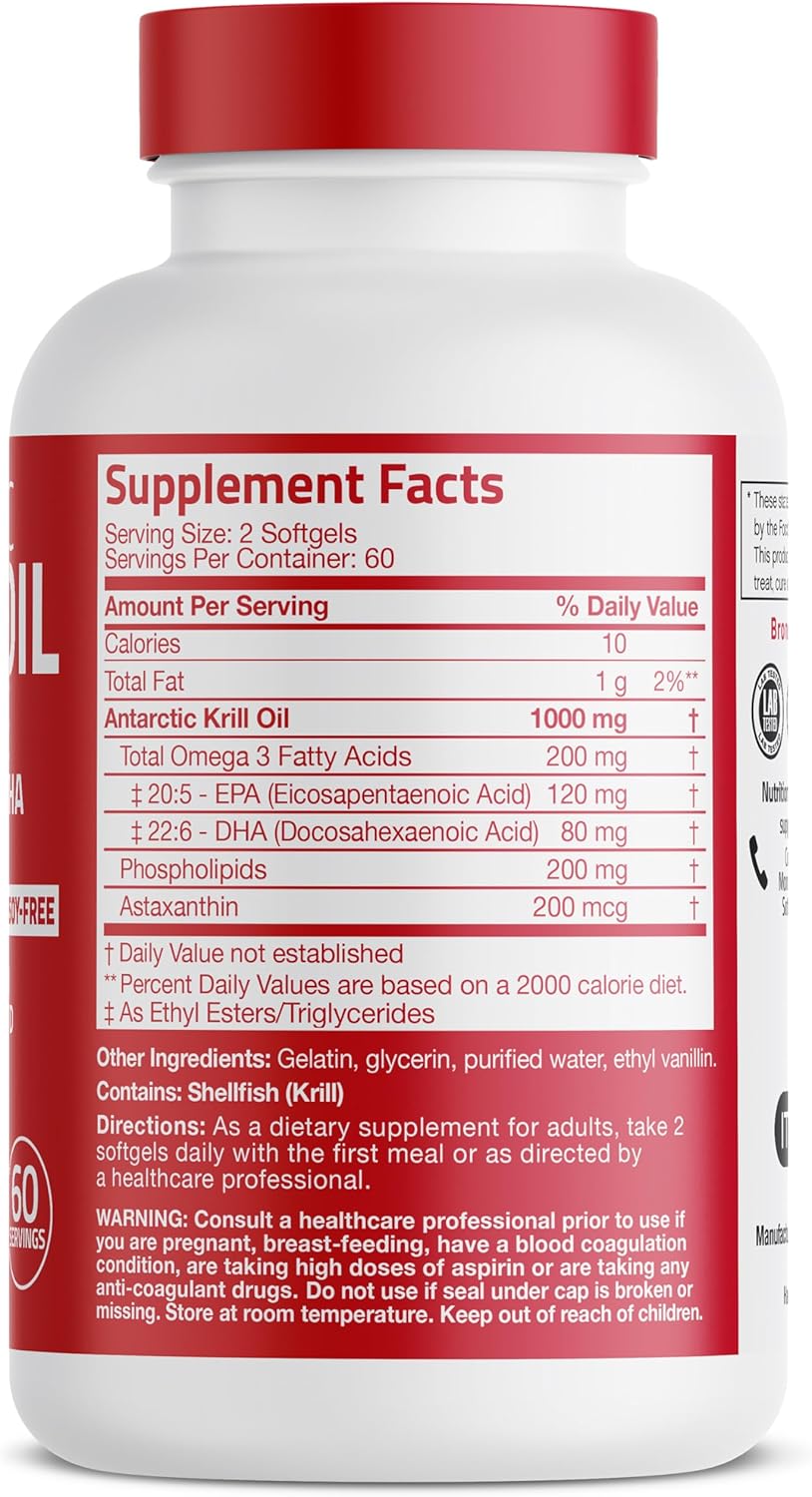 Bronson Antarctic Krill Oil 1000 mg with Omega-3s EPA, DHA, Astaxanthin and Phospholipids 120 Softgels