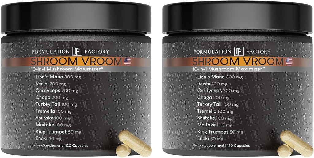 Shroom Vroom: 10-in-1 Mushroom Supplement, Lion’s Mane, Reishi, Cordyceps, Chaga, Turkey Tail, Tremella, Shiitake, Maitake, King Trumpet & Enoki 240 Count (Pack of 2)