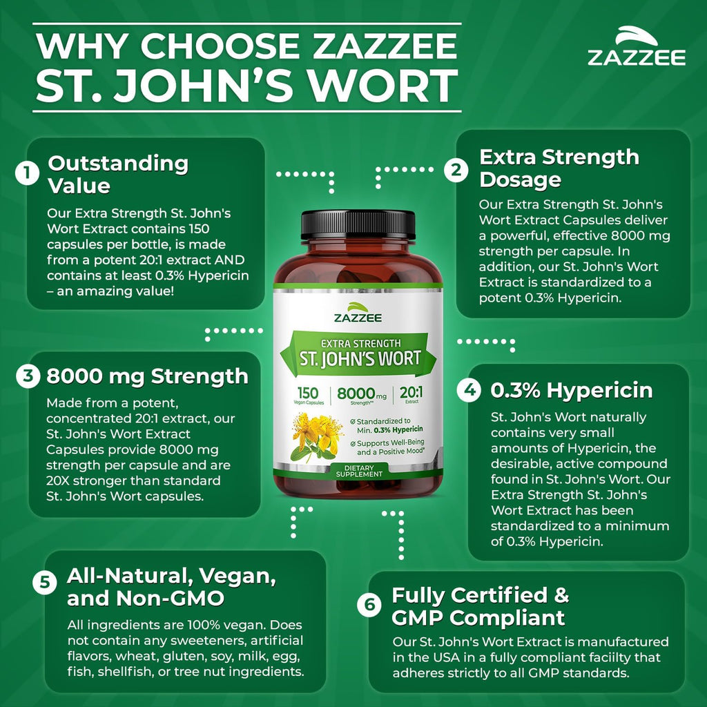 Zazzee Extra Strength St. John’s Wort 20:1 Extract, 8000 mg Strength, 0.3% Hypericin, 150 Vegan Capsules, 5 Month Supply, Concentrated, Standardized 20X Extract, 100% Vegetarian, Non-GMO, All-Natural