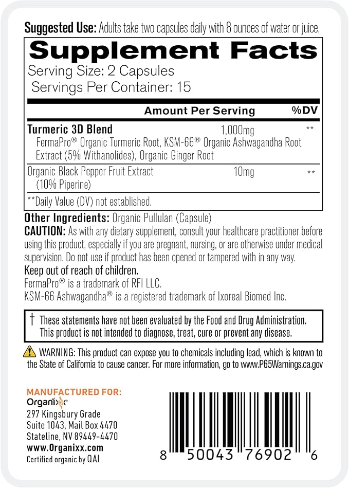 Organixx USDA Organic Turmeric Curcumin Supplement with Ashwagandha, Vitamin D, Turmeric & Ginger – Fermented for Maximum Bioavailability, 30 Capsules