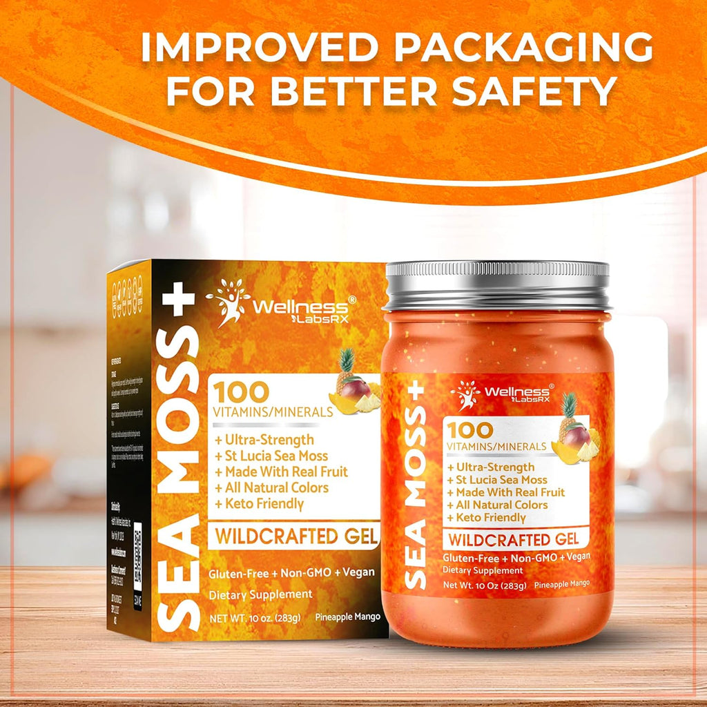 WELLNESS LABSRX Irish Sea Moss Gel Raw - Wildcrafted Superfood Seamoss Gel - Pineapple Mango Flavor, Vitamin and Mineral-Rich from Pristine Caribbean Waters - 10 oz.