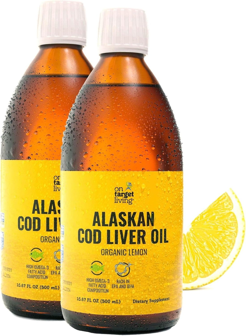 On Target Living Alaskan Cod Liver Oil Organic Lemon Flavor 16.67 oz (2-Pack) | Line Caught in The USA | Naturally Occurring Vitamin D | Rich in Omega 3 DHA/EPA | Non-GMO Project Certified