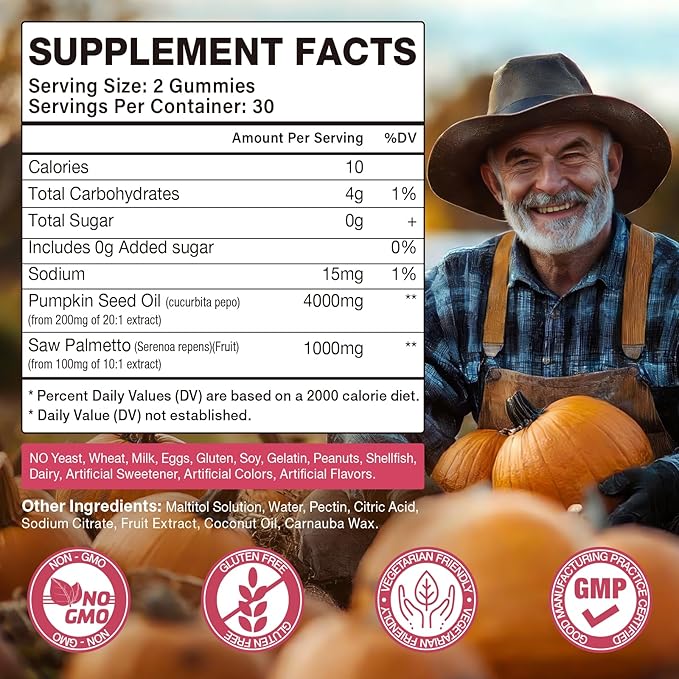 Pumpkin Seed Oil Gummies, Pumpkin Seed Oil Supplement with Saw Palmetto for Hair Growth, Youthful Skin & Prostate Health, Non-GMO, Gluten Free, Vegan, Sugar Free, Raspberry Flavor, 60 Count