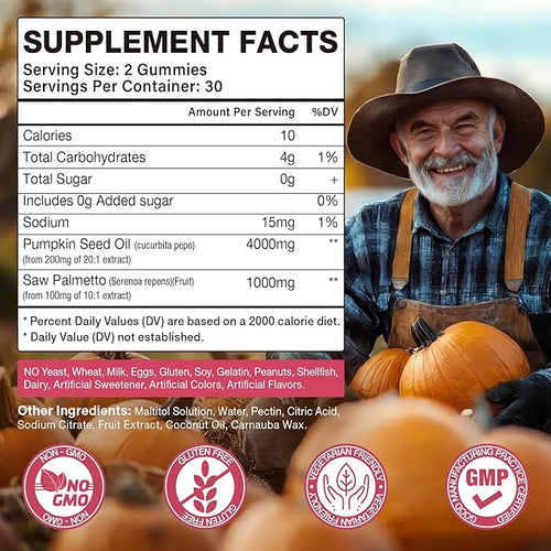 2 Pack Pumpkin Seed Oil Gummies, Pumpkin Seed Oil Supplement with Saw Palmetto for Hair Growth, Youthful Skin & Prostate Health, Non-GMO, Gluten Free, Vegan, Sugar Free, Raspberry Flavor, 120 Count
