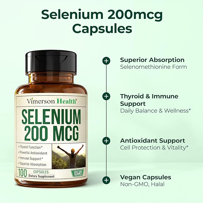 Selenium 200 mcg Capsules – High-Potency Selenium Supplement for Thyroid, Antioxidant & Immune Support – Highly Bioavailable L-Selenomethionine Essential Mineral Supplements – Vegan, 100 Capsules