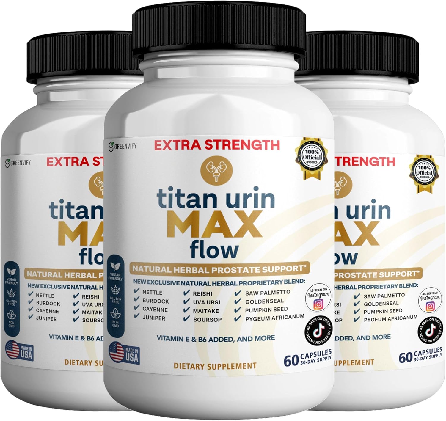 Titan Urin Max Flow Natural Prostate Supplement, 60 Capsules, Extra Strength Herbal Complex with Saw Palmetto, Vitamins E & B6 (3)