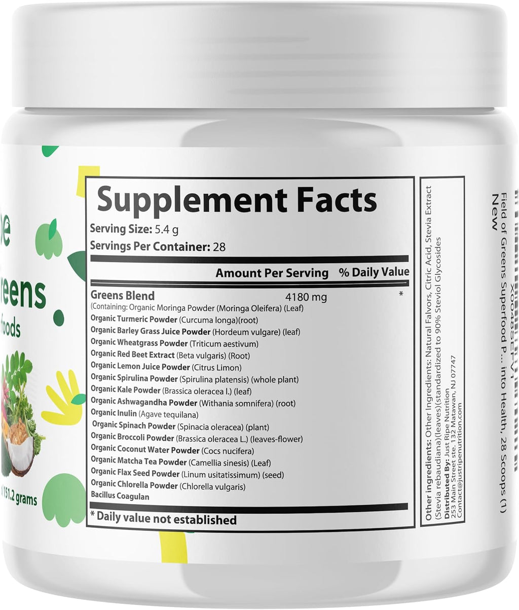 Field of Greens Superfood Powder with Organic Spirulina, Chlorella, Beet Root Powder - Bacillus Coagulans Probiotic, A Plant-Based Mix Supporting Gut Health, Immunity, 28 Scoops - Unflavored