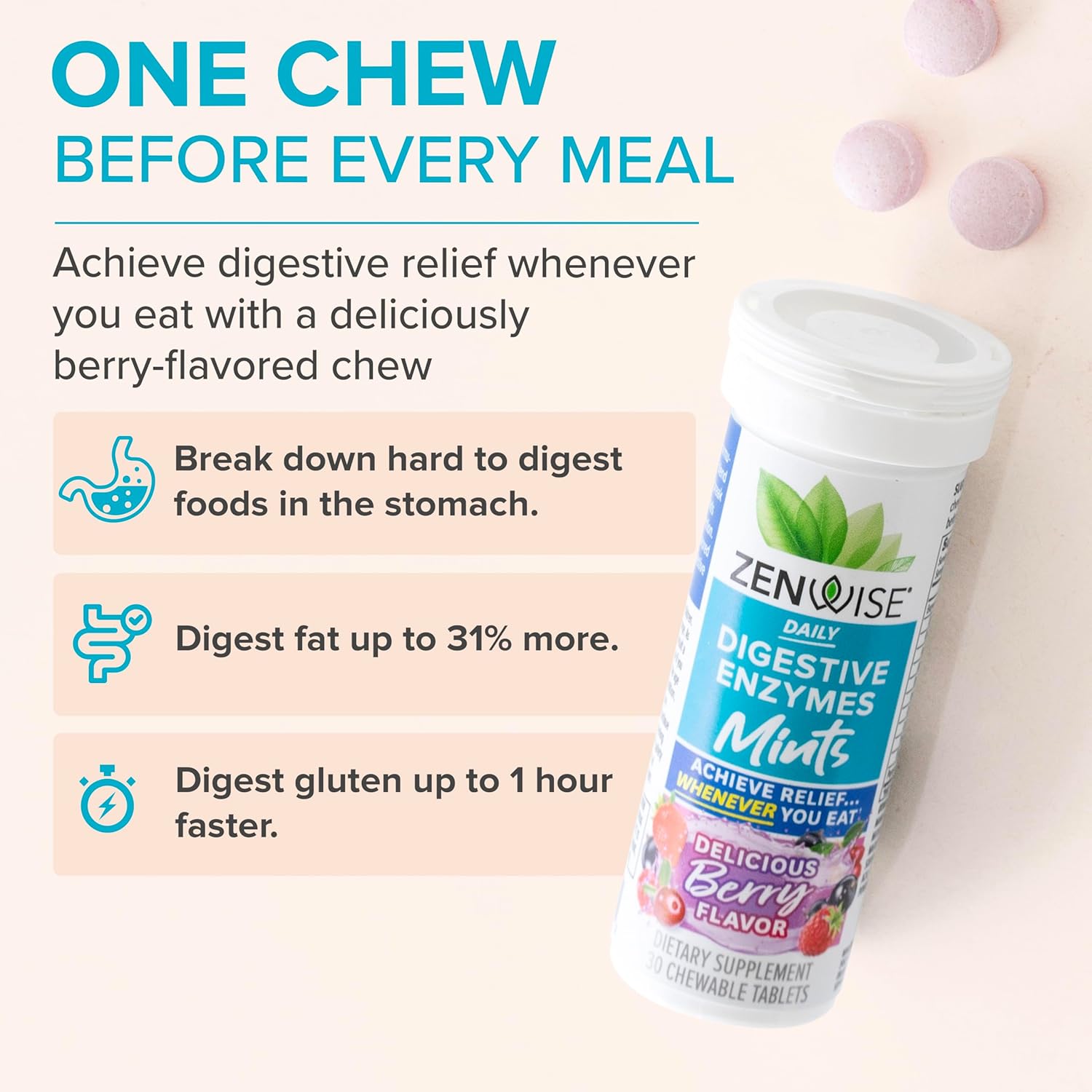 Zenwise Health Digestive Enzyme Breath Mints for Gut Health, Delicious Berry Flavor - Digestive Enzymes for Bloating Relief & Gut Support - Multi Enzymes Digestion Supplement - 30 Chewable Tablet
