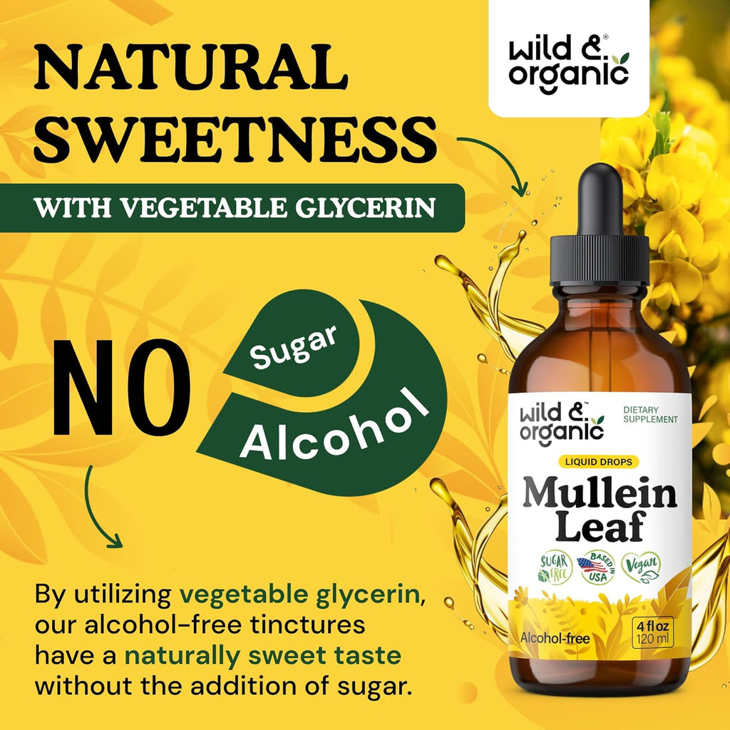 Wild & Organic Mullein Tincture - Lung Cleanse and Detox - Liquid Mullein Leaf Extract for Lungs with Echinacea - Verbascum Thapsus Drops - Vegan, Sugar & Alcohol-Free Supplement - 4 fl oz