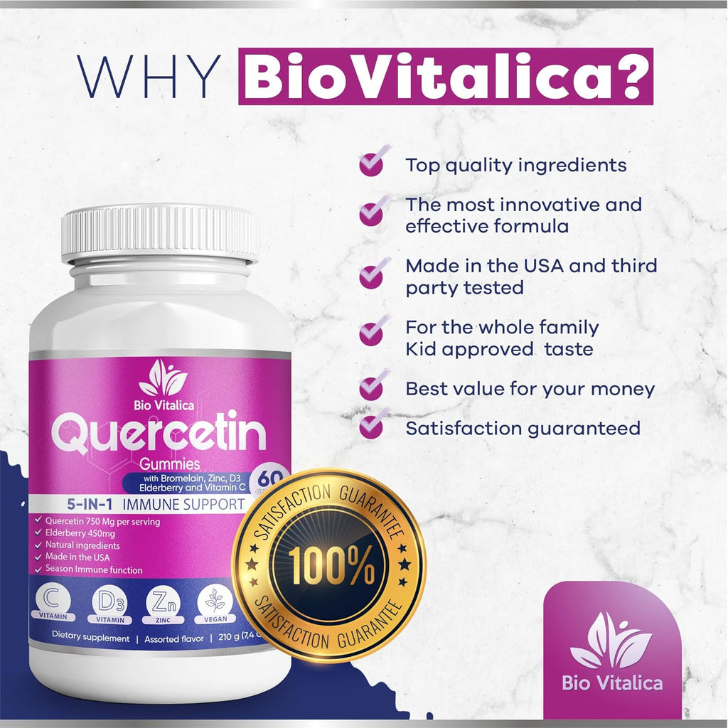 Quercetin Gummies by BioVitalica - Quercetin with Bromelain Vitamin C and Zinc & Elderberry + Vitamin D3-5 in 1 Immune Support - Zinc Quercetin 750 mg for Kids and Adult (6, Quercetin)