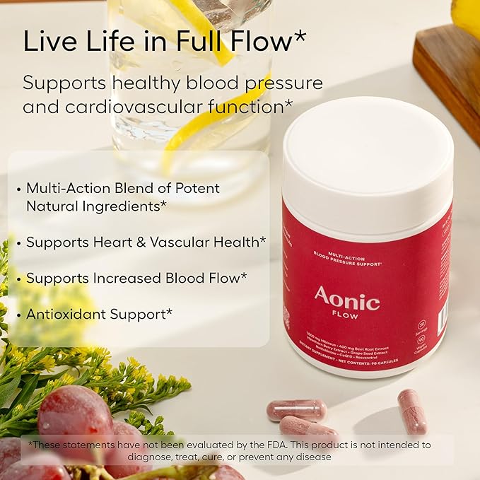 AONIC Flow | Healthy Blood Pressure Support | Multi-Action Formula with 1gr Hibiscus, 400mg Beet Root Extract (100mg Nitrates) CoQ10, Resveratrol & Hawthorn, Non-GMO & Vegan (90 Capsules)