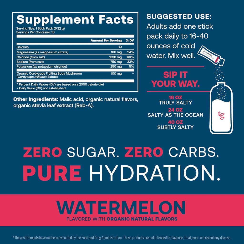 True Grace ElectroMag - 16 Stick Packs - Watermelon - Electrolyte Powder for Rapid Hydration - Sodium, Potassium, Magnesium & Cordyceps - Zero Sugar & Carbs - Non-GMO - 16 Total Servings